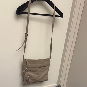 Halogen Taupe Crossbody Bag with Tassel Accent